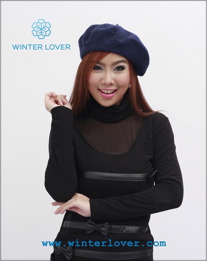 หมวกกันหนาวทรงไบเล่สีน้ำเงินเข้มผ้าWool100%(พร้อมส่ง)(Free Size)