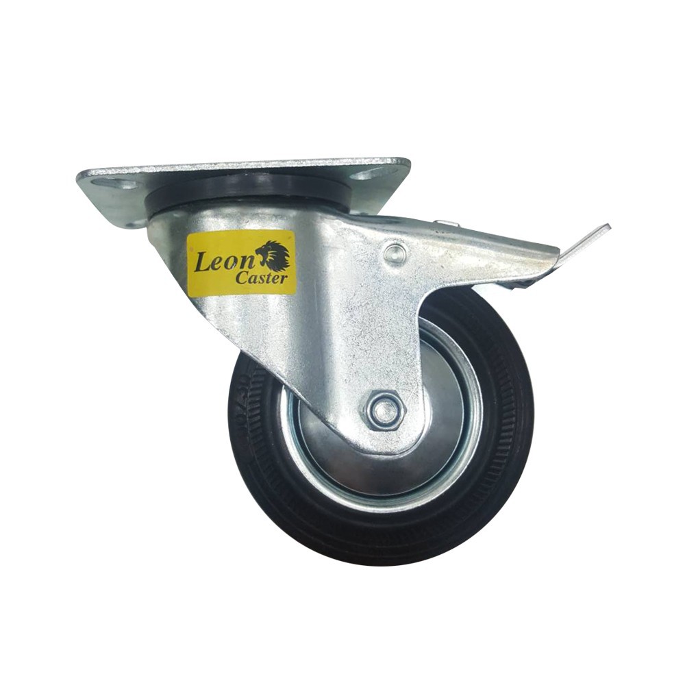 อะไหล่ เฟอร์นิเจอร์ ลูกล้อยาง มีเบรค LEON แป้นหมุน 4 นิ้ว สีดำ PLATE ROTATE BREAK RUBBER WHEEL LEON BLACK 4"