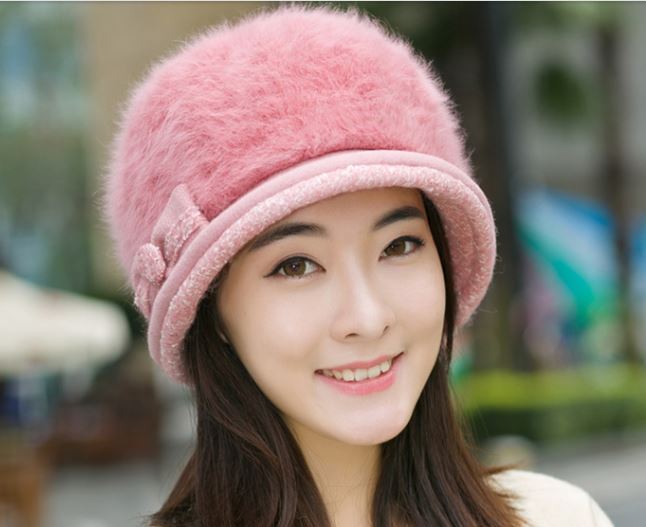 Luxury Rabbit Hair Winter Wool Hat in Sweet Pink