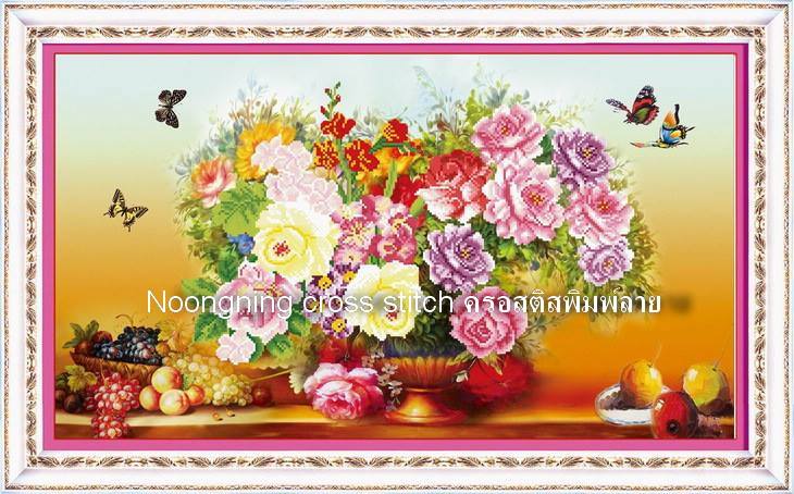 แจกันดอกไม้ ชุดปักครอสติช พิมพ์ลาย ครอสติสจีน งานฝีมือ DIY
