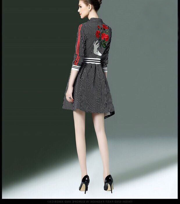 DS0049 เดรสแฟชั่น เดรสเกาหลี เดรสใส่ออกงาน เดรสลำลอง เดรสใส่เที่ยว เดรสไปงาน เดรสทำงาน เดรสสีดำ (ลายทาง)