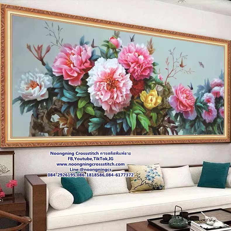 ดอกโบตั๋นมงคล ชุดปักครอสติช พิมพ์ลาย ครอสติสจีน งานฝีมือ DIY