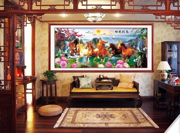 ม้า8มงคล น้ำตก ชุดปักครอสติส พิมพ์ลาย ครอสติสจีน งานฝีมือทำที่บ้าน DIY