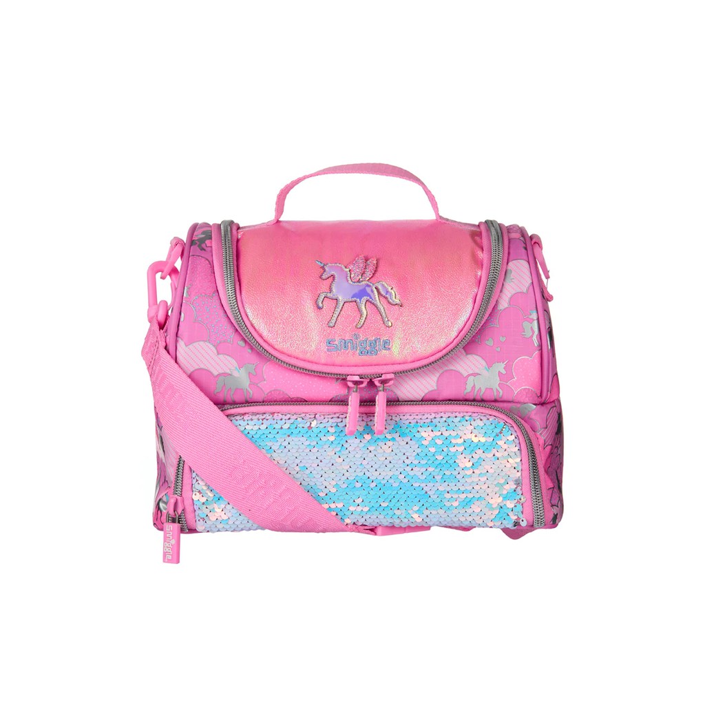 Smiggle กระเป๋าใส่กล่องข้าว 2 ชั้น มีสายสะพาย คอลเลกชั่น Lunar ลายยูนิคอร์น สีชมพู