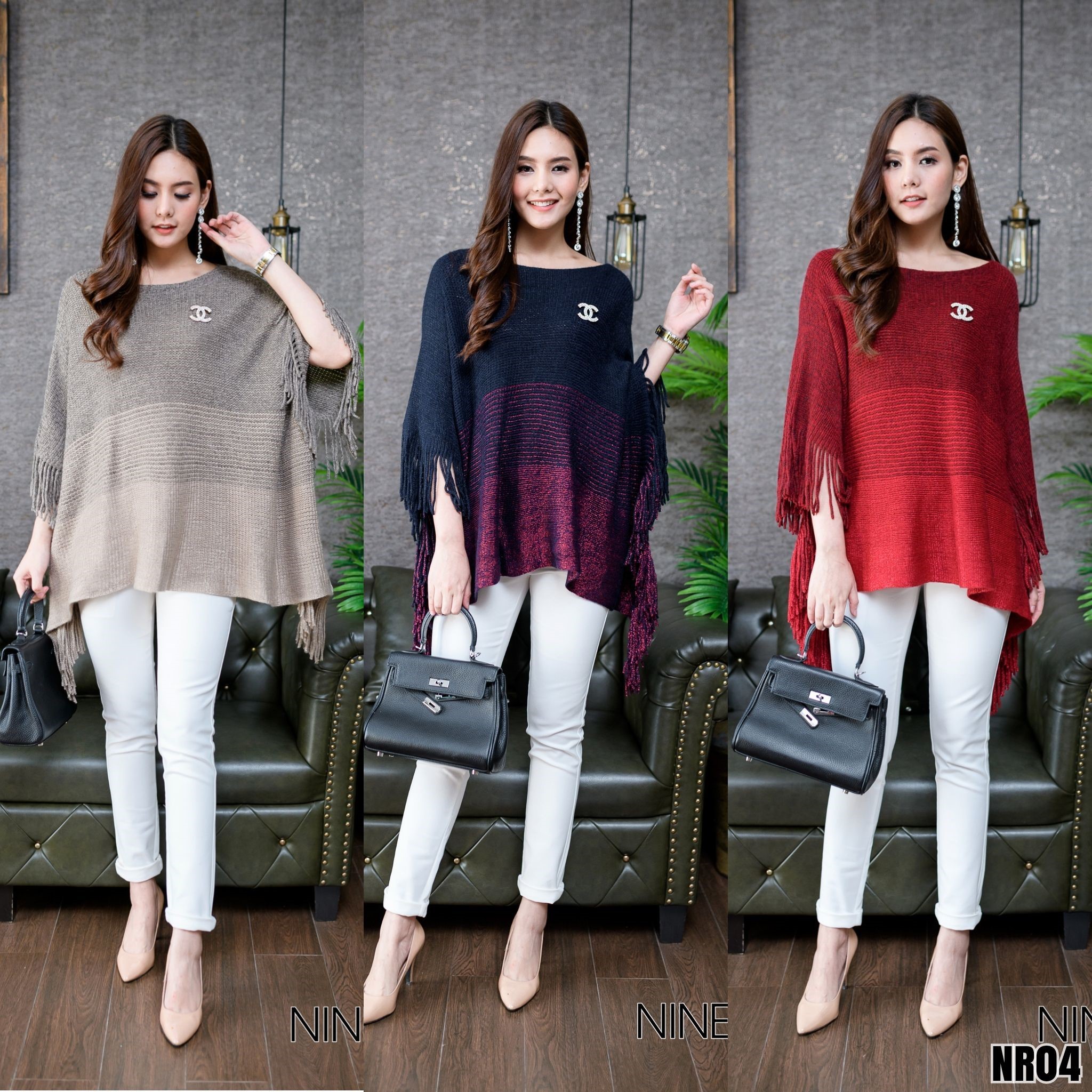 SaLe+++B2860**Nine Room** Cloak Bat Wing - เสื้อคลุมไหล่ทรงปีกค้างคาว คอปาดทางแบรนด์เลือกใช้ไหมพรมเกาหลีเกรดพรีเมี่ยมเนื้อผ้านุ่ม ใส่สบาย ไม่ระคายผิว โดดเด่นด้วยงานทอลายทูโทน นุ่มๆสวยๆ ไล่โทนสีทำให้ดูโดดเด่นพร้อมตกแต่งภู่ช่วงชายแขน ใส่สวย ใส่ง่าย เหมาะกับ