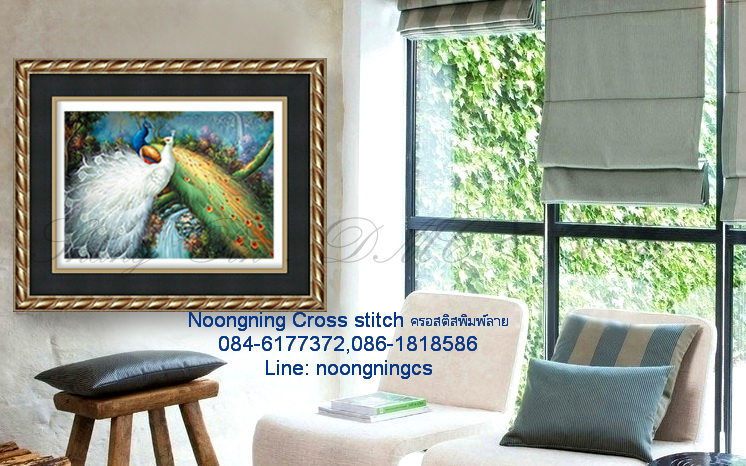 นกยูง ชุดปักครอสติช พิมพ์ลาย ครอสติสจีน งานฝีมือ DIY