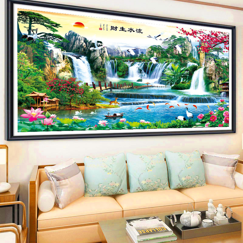 น้ำตก ภูเขา กระเรียน ดอกเหมย ดอกบัว ครบความมงคล ชุดปักครอสติส พิมพ์ลาย ครอสติสจีน งานฝีมือทำที่บ้าน DIY