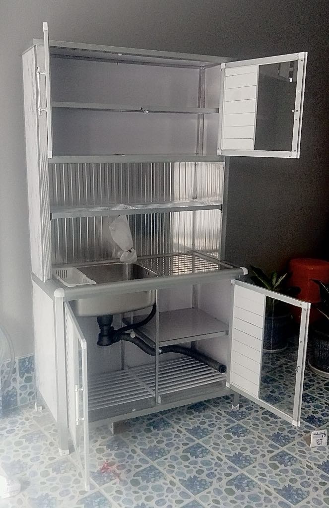 ตู้ครัวอ่างล้างจาน 107 ซม. อะลูมิเนียมบานเกร็ด PVC-พร้อมชั้นคว่ำจานและก็อกน้ำ