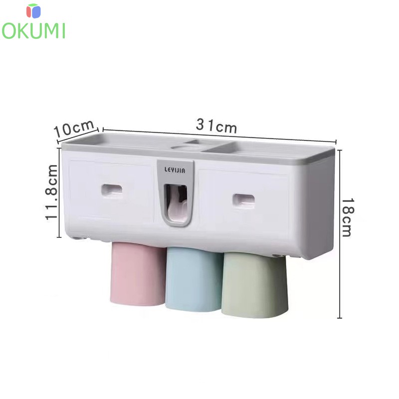OKUMI_ อุปกรณ์เก็บแปรงสีฟัน ที่บีบยาสีฟัน อัตโนมัติ ติดตั้งง่าย ไม่ต้องเจาะผนัง