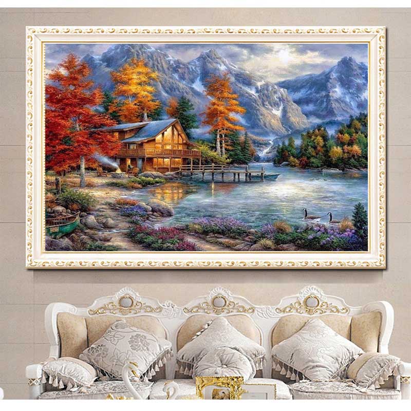 บ้านริมธาร หุบเขา ครอสติสคริสตัล Diamond painting โมเสก ภาพติดเพชร งานฝีมือ DIY