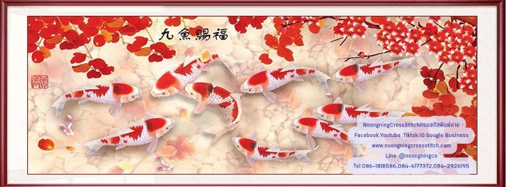ปลามงคลดอกไม้สีแดง ครอสติสคริสตัล Diamond painting โมเสก ภาพติดเพชร งานฝีมือทำที่บ้าน DIY