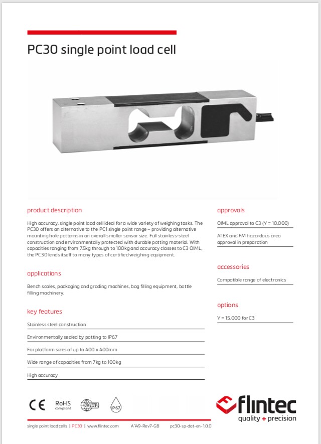 PC30 Single Point Load Cell (7 – 100kg)