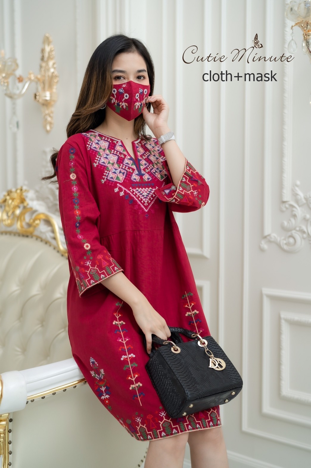Sale++#CUTIE MINUTE 14041 เดรสลินิน+Maskผสมผ้าฝ้ายญี่ปุ่นเกรดพรีเมี่ยม งานปักอลังการทั้งตัว ทรงปล่อยๆสบายๆ ชุดใส่ง่าย ใส่เที่ยว ใส่อยู่บ้านตอนรับซัมเมอร์ได้สบายๆเลยค่ะ ** Mask ทรงสวยปรับเข้ากับโครงหน้า ใส่แล้วหน้าดูเรียวยาว ใช้ผ้ามัสลินอย่างดีซับด้านใน**