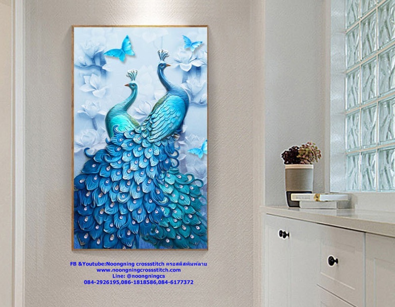 นกยูงฟ้าคู่มงคล ชุดปักครอสติส พิมพ์ลาย ครอสติสจีน งานฝีมือทำที่บ้าน DIY