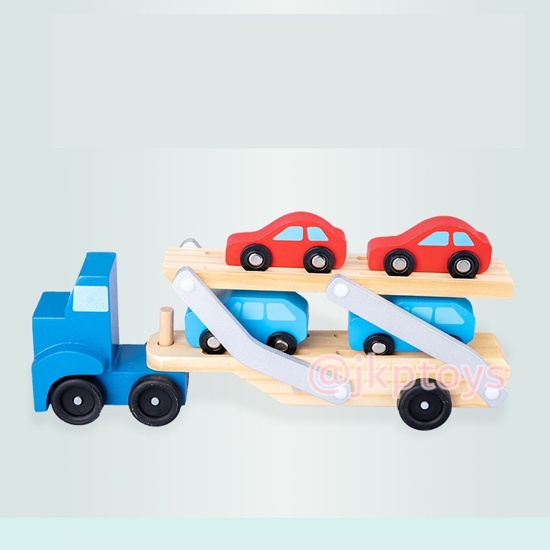 ของเล่นเสริมพัฒนาการ เซ็ตรถยก 2 ชั้น พร้อมรถไม้ 4 คัน สีน้ำเงิน