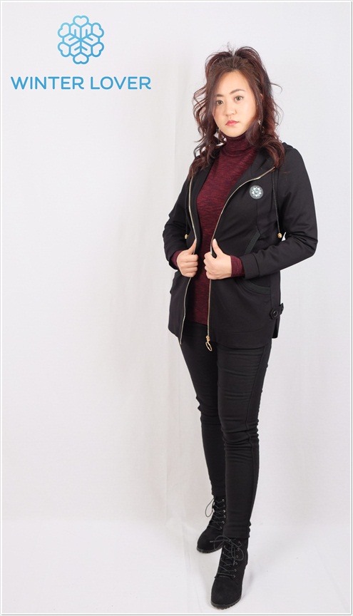 เสื้อJacketสีดำผู้หญิงซิปหน้าหมวกฮูด