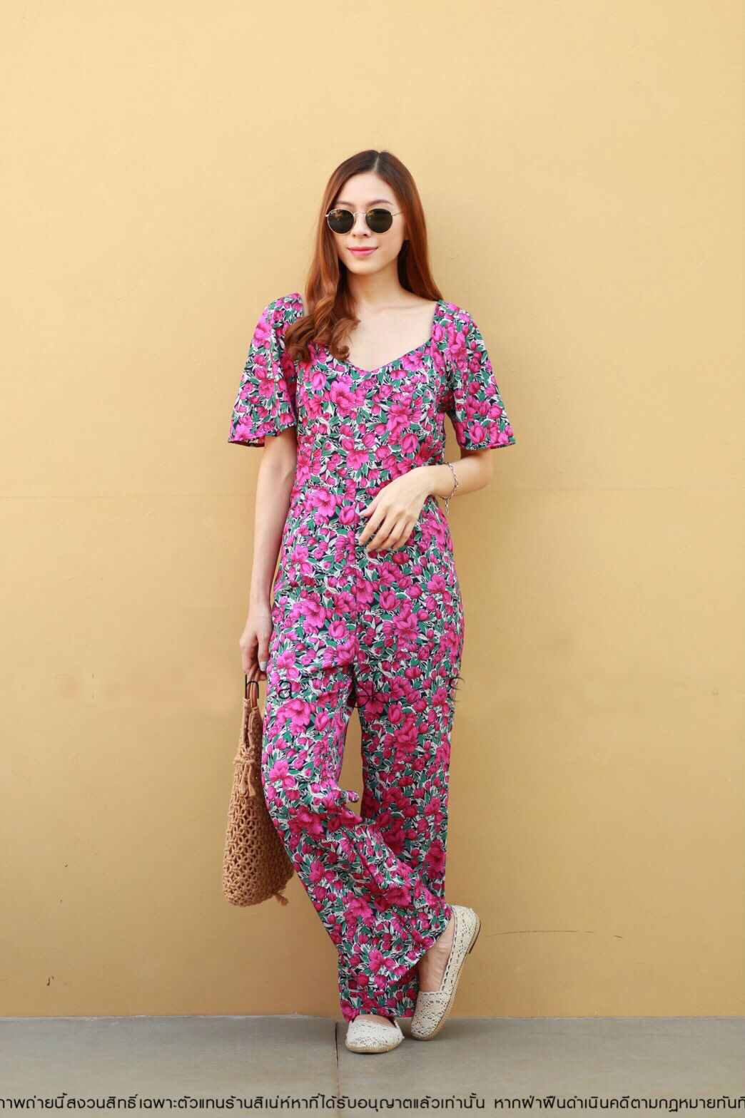 JS0085 จั๊มสูทขายาว จั๊มสูทออกงาน จั๊มสูทเกาหลี จั๊มสูทลายดอก จั๊มสูทแฟชั่น