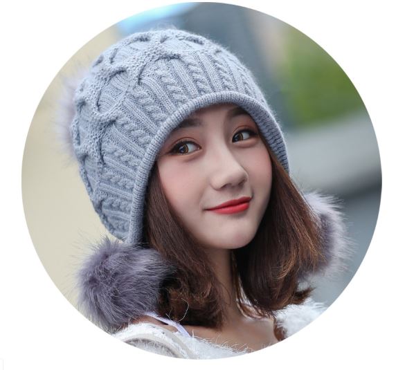 หมวกปิดหูกันหนาวสีเทาไหมพรมขนเฟอร์สวยน่ารัก