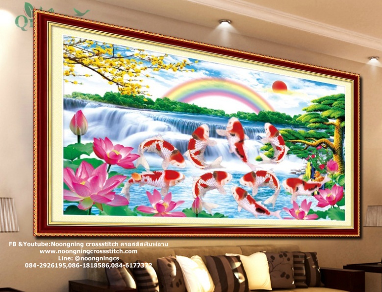ปลาคราฟ8 ดอกบัว สายรุ้ง ชุดปักครอสติส พิมพ์ลาย ครอสติสจีน งานฝีมือทำที่บ้าน DIY
