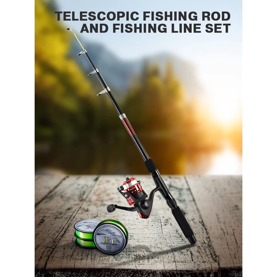 !!สินค้าขายดี!! เซ็ตเบ็ดตกปลาพร้อมรอกและเส้นเอ็น Telescopic Fishing Rod and Fishing Line Set