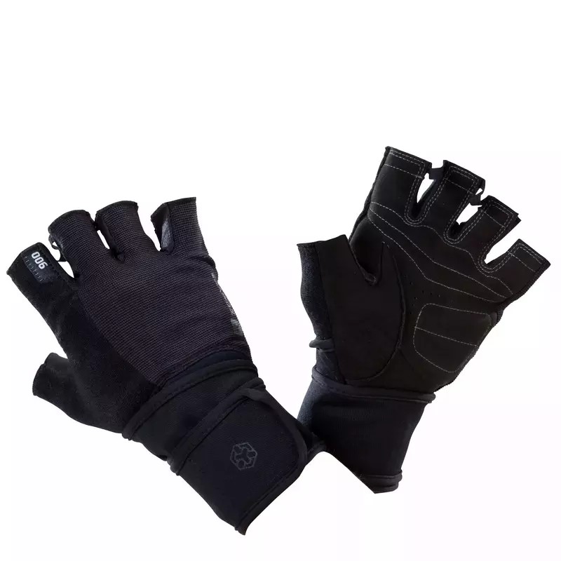 DOMYOS ถุงมือเวทเทรนนิ่งพร้อมแถบข้อมือแบบแถบตีนตุ๊กแกคู่รุ่น 900 (สีดำ/เทา)