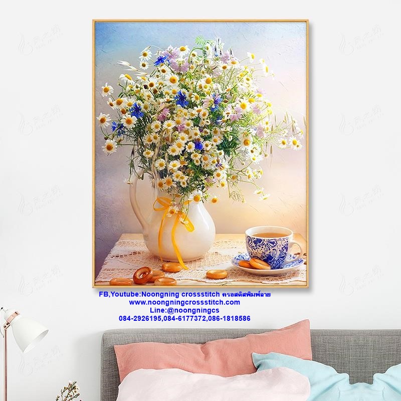 แจกันดอกไม้ ชุดปักครอสติส พิมพ์ลาย ครอสติสจีน งานฝีมือทำที่บ้าน DIY