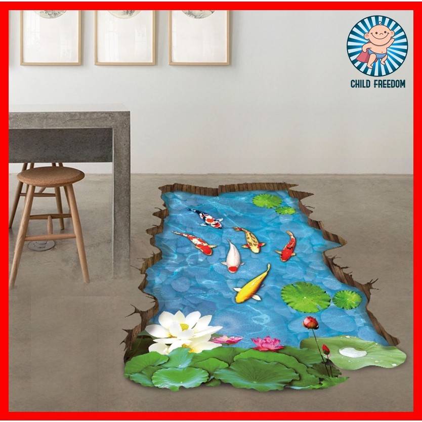 Wall Sticker วอลเปเปอร์สติกเกอร์ ตกแต่งผนังราคาส่ง รูปวาด 3D สามมิติ สติ๊กเกอร์ติดผนัง บ่อบัว ปลาคราฟ ของแต่งบ้าน