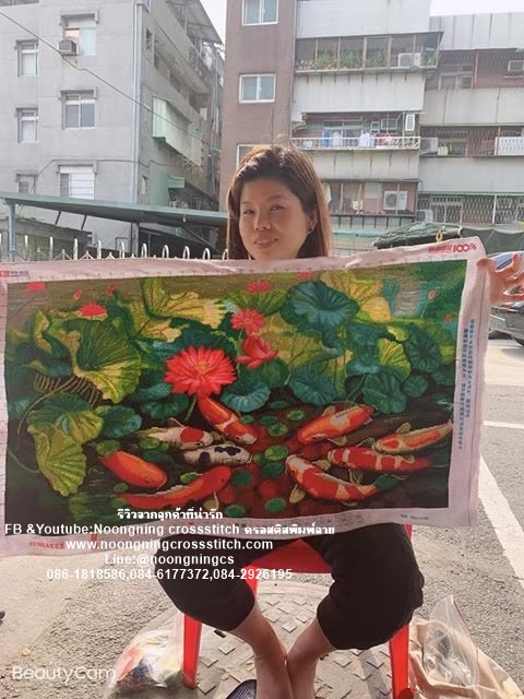 ปลาคราฟคู่ ดอกบัว ชุดปักครอสติส พิมพ์ลาย ครอสติสจีน งานฝีมือทำที่บ้าน DIY