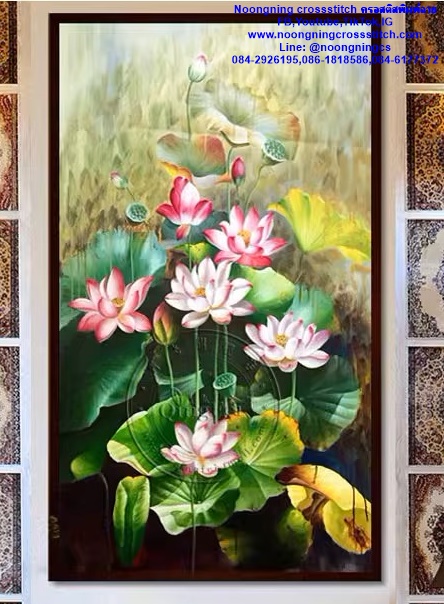 ดอกบัวหลวง ชุดปักครอสติส พิมพ์ลาย ครอสติสจีน งานฝีมือทำที่บ้าน DIY