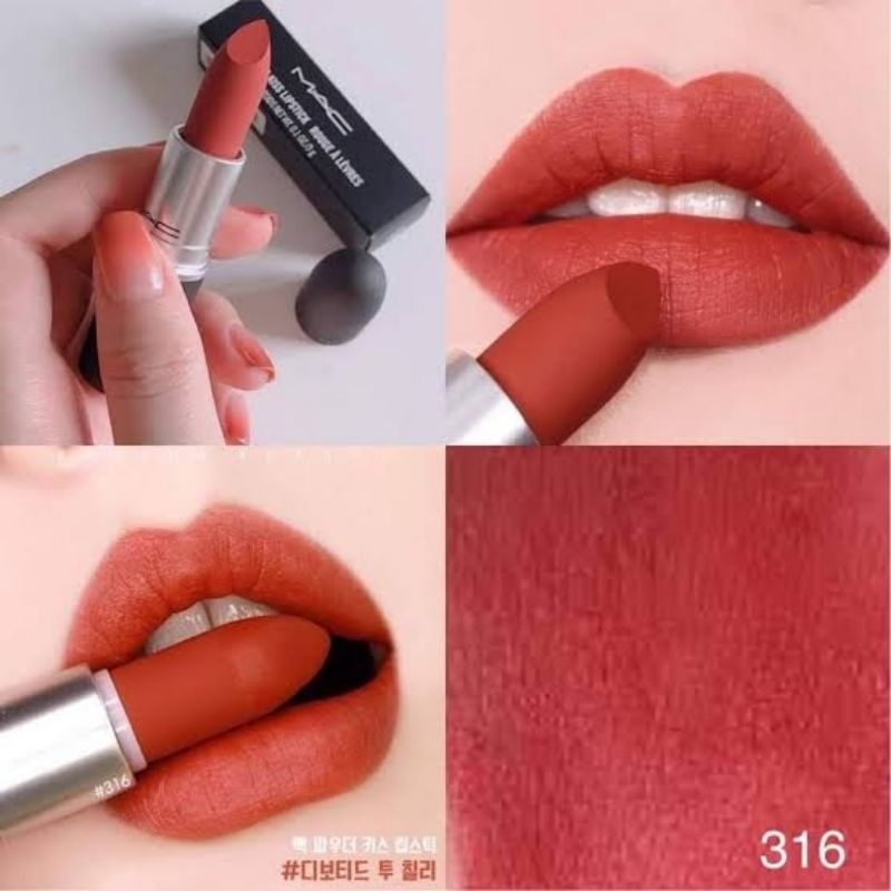 MAC Powder Kiss Lipstick 3g สี 316 DEVOTED TO CHILI สีแดงอมส้ม เนื้อกำมะหยี่