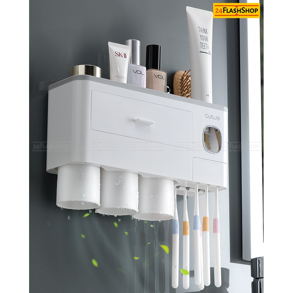 ที่บีบยาสีฟันอัตโนมัติ มีที่เก็บแปรงสีฟันพร้อมแก้วน้ำในตัว แบบติดผนัง ติดตั้งง่าย