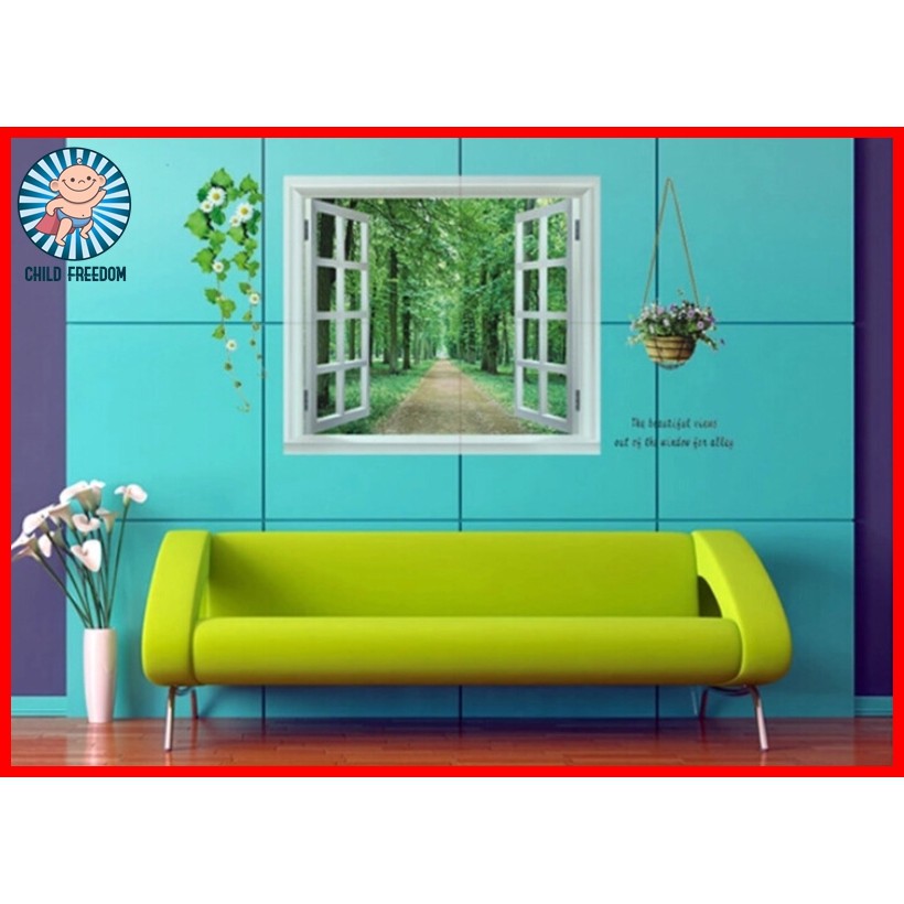 Wall Sticker วอลเปเปอร์สติกเกอร์ ตกแต่งผนังราคาส่ง รูปวาด 3D สามมิติ สติ๊กเกอร์ติดผนัง หน้าต่าง วิวธรรมชาติ วินเทจ