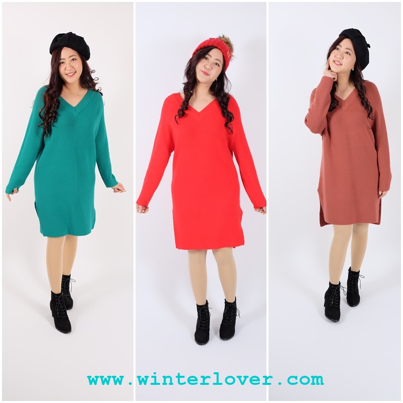 ชุดเดรสไหมพรมยาวคอวี สวยคลาสสิค แขนยาวตรง สวยหรู(พร้อมส่ง)(Free Size สาวอวบอ้วน)