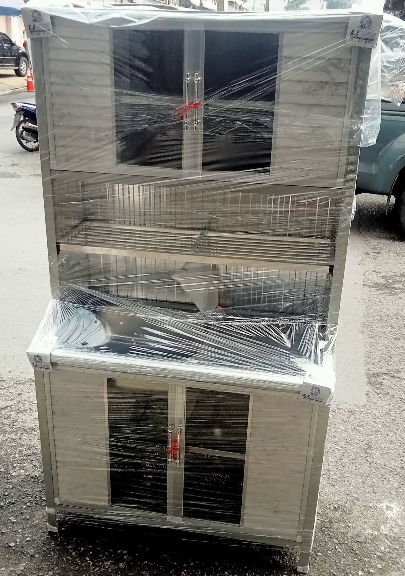 ตู้ครัวอ่างล้างจาน 107 ซม. อะลูมิเนียมบานเกร็ด PVC-พร้อมชั้นคว่ำจานและก็อกน้ำ