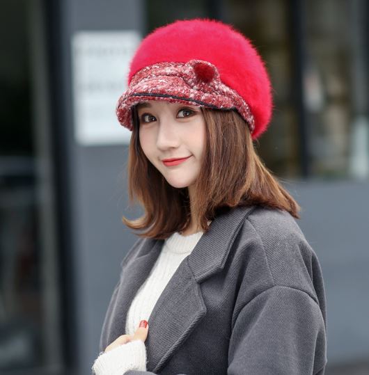 หมวกไหมพรมขนกระต่ายสีแดงสวยน่ารัก