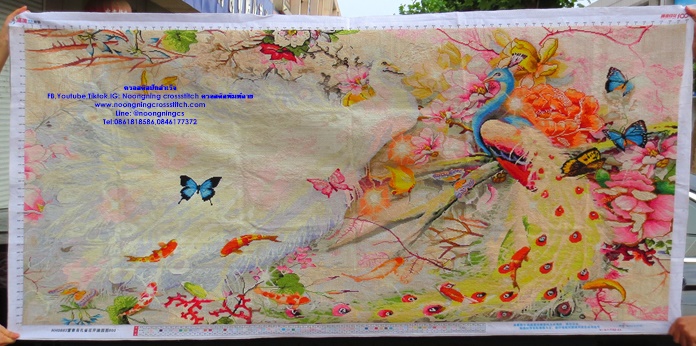 นกยูงมงคลคู่ ครอสติสปักสำเร็จ11CT:ขนาดผ้า :150X60 ซม.