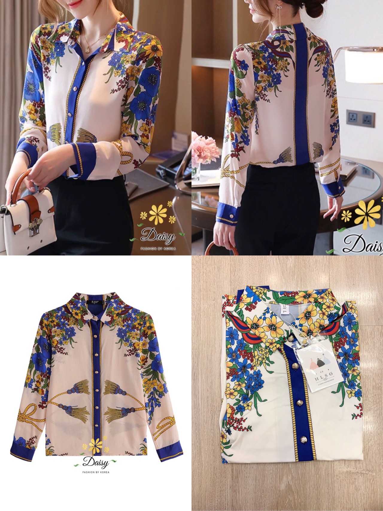 SaLe++#Daisy B3557 เสื้อเชิ้ตแขนยาวกระดุมหน้า คอปก เป็นกระดุมสีเงินปั๊มลาย ผ้าคอตตอนโพลีเอสเตอร์เนื้อสวย พื้นสีครีมพิมพ์ลายเชือกพู่และดอกไม้ลายสวยค่ะ แมทช์ง่าย ใส่แมทช์ได้หลายชุด สีครีมลายโทนสีน้ำเงิน ไซส์ อก 38” ยาว 24” ลายแต่ละตัวอาจแตกต่างกันเล็กน้อยอย