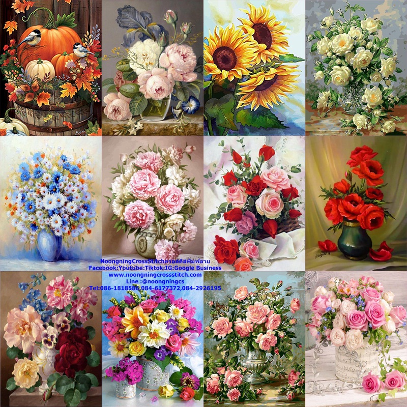 แจกันดอกไม้สวยงาม ชุดปักครอสติช พิมพ์ลาย ครอสติสจีน งานฝีมือ DIY