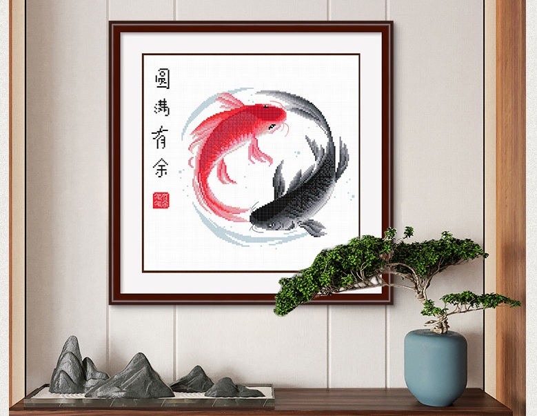 ปลาคราฟคู่มงคล ชุดปักครอสติส พิมพ์ลาย ครอสติสจีน งานฝีมือทำที่บ้าน DIY