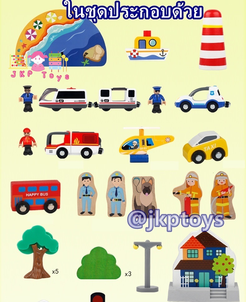 บล็อคไม้ รางรถไฟไม้ 92ชิ้น มีเสียง รถใส่ถ่านวิ่งเองได้