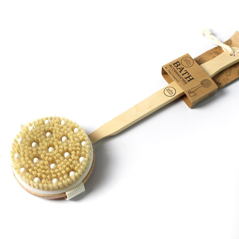 แปรงขัดหลังด้ามยาวกลม พร้อมปุ่มนวด Wooden Body Brush & Massage