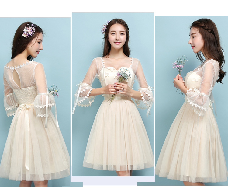 ชุดราตรีสั้นสีเบจ คอกลมแขน5ส่วน ผ้าซีทรูทั้งชุด
