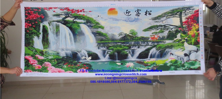น้ำตก ภูเขา กระเรียน ต้นสน มงคล ครอสติสปักสำเร็จ150x55cm ไม่รวมกรอบ งานฝีมือ DIY