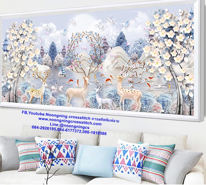 กวางมงคล ดอกไม้สวยงาม ชุดปักครอสติส พิมพ์ลาย ครอสติสจีน งานฝีมือทำที่บ้าน DIY