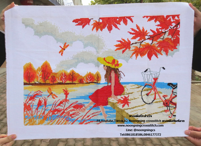 ชิลๆบรรยากาศดี ครอสติสปักสำเร็จ65x45cm ไม่รวมกรอบ งานฝีมือ DIY