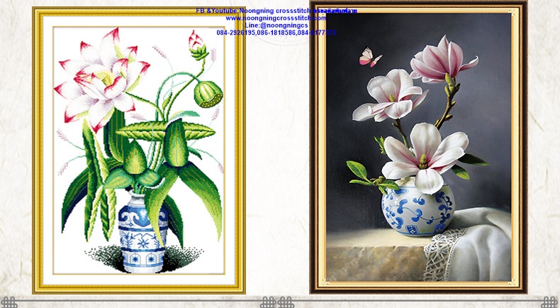 แจกันดอกแมกโลเนีย ชุดปักครอสติส พิมพ์ลาย ครอสติสจีน งานฝีมือทำที่บ้าน DIY