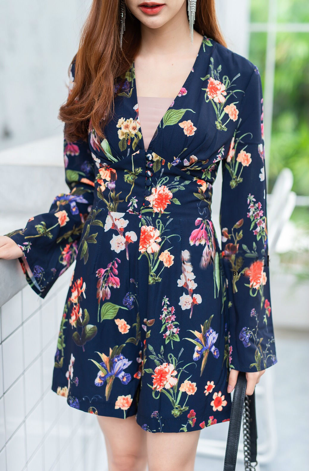 JS0034 เสื้อผ้าแฟชั่น เสื้อผ้าเกาหลี เสื้อผ้าแฟชั่นเกาหลี ชุดจั๊มสูท จั๊มสูทขาสั้น จั๊มสูทกางเกง จั๊มสูทลายดอก ชุดออกงาน ชุดทำงาน (สีกรม)