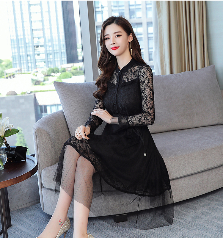 ชุดเดรสลูกไม้สีดำคอจีนแขนยาว