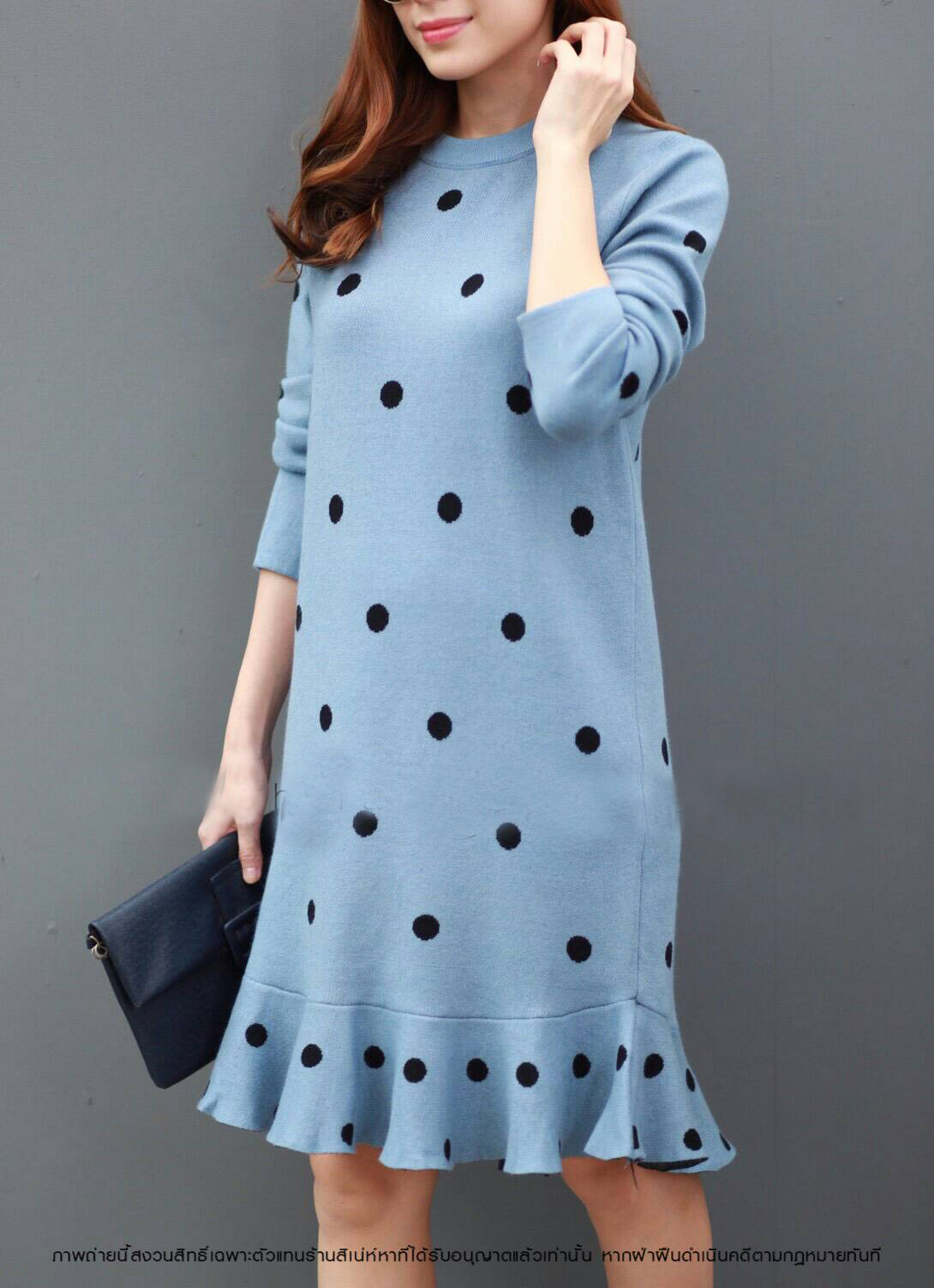 DS0113 เดรสไหมพรม เดรสแฟชั่น เดรสเกาหลี มินิเดรส เดรสสั้น (ฟ้าอมเทา)