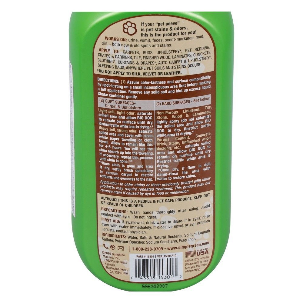น้ำยาขจัดกลิ่น และคราบที่เกิดจากสุนัข SIMPLE GREEN 946 มล. BIO DOG STAIN & ODOR REMOVER SIMPLE GREEN 946ML